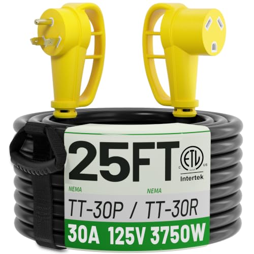 Image of POWGRN 30 Amp RV Extension Cord 25 FT, RV Power Cord 30 Amp Waterproof | TT-30P /TT-30R, 25Feet STW 10AWG 125V 3750W, RV Power Cord with Cable Organizer, Outdoor 30 Amp RV Plug for Camper, ETL Listed