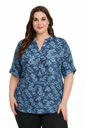 Image of SINDOORI Relaxed Fit Tops for Women Plus Size Solid Printed Mandarin Collar, Band Collar, V-Neck Top, Half Sleeve Loose Fit