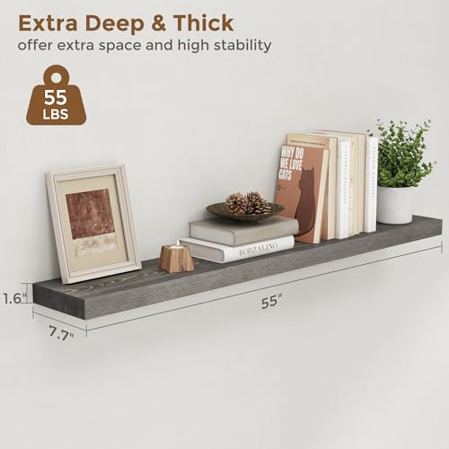 Image of Marsmiles Floating Shelves for Wall - 55 Inch Rustic Grey Wood Floating Shelves Set of 1-55 Inch Wide x 7.7 Inch Deep x 1.6 Inch Thick Wooden Shelves for Room Wall