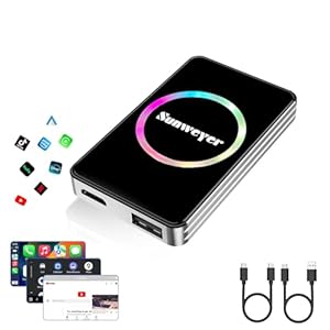Sunweyer Draadloze CarPlay Adapter Auto Streaming Apparaat Ai Box Ondersteuning Netflix, YouTube, Hulu, Disney+, Android Auto Draadloze Adapter met LED Omgevingslicht, Gemakkelijk te Instellen 3 in 1,