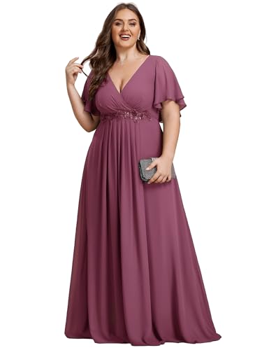 Image of Ever-Pretty Short Sleeves V Neck Plus Size Formal Dresses for Curvy Women Chiffon Mother of The Bride Dress Evening Gowns