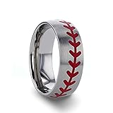 Eternal Tungsten Cobb Men's Titanium Wedding Band Red Baseball Stitching Pattern Ring with Brushed Finish - 8mm