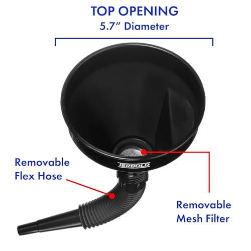 Image of Automotive Flex Funnel with Hose & Mesh Filter (2-Pack) - Wide Mouth Oil Funnel for Gas & Transmission Fluid - Color Coded Flexible Set for Garage & Emergency Kit (Black & Blue)