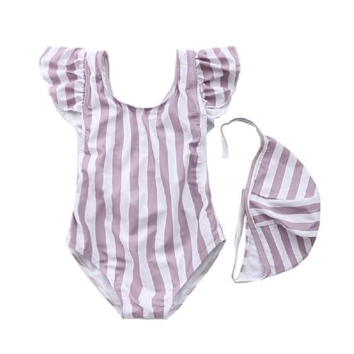 Image of FreeLu Toddler Baby Girl Cross-Back Swimsuit One Piece Flounce Swimwear Summer Bathing Suit with Hat 18M - 6T