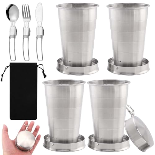 4 bicchieri pieghevoli in acciaio inox, 75 ml, pieghevoli, in acciaio inox, con cucchiaio, pieghevole, da campeggio, pieghevole, portatili, per picnic, escursionismo