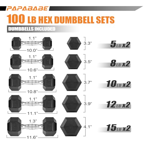 papababe Dumbbell Set Rubber Encased Hex Dumbbell Free Weights Home Weight Set (A Pair of 5 8 10 12 15 LB Dumbbell NO Rack)