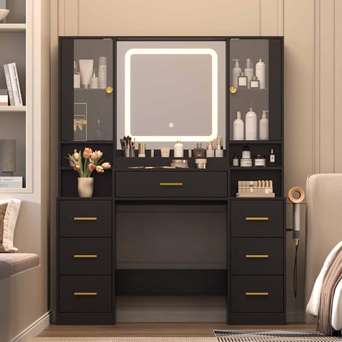 Image of Wodeer Black Makeup Vanity Desk with Mirror & Lights, Modern Vanity Table with Charging Station, 7 Drawers, Glass Cabinet, Adjustable Shelves, Bedroom Dressing Table Set for Women & Girls