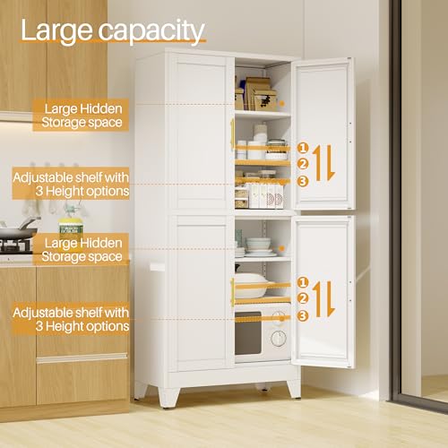 Image of PAOFIN White Metal Storage Cabinet, Pantry With 4 Doors and Adjustable Shelves, Leveling Foot for Kitchen, Living Room and Dinning Room, 75 inch H
