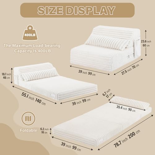 Image of Tiita Folding Sofa Bed Twin Size, Convertible Sleeper Chair Mattress with Pillow, Thick Corduroy Floor Mattress Couch Bed with Side Pocket, Guest Room, Dorm, Apartment, Beige