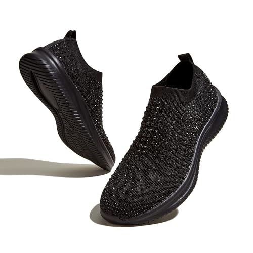 LUCKY STEP Damen-Laufschuhe mit Strass-Mesh zum Hineinschlüpfen, Modisch, Atmungsaktiv, Funkelnde Glitzer-Sneaker (Schwarz, 8.5US-39EU-6UK)