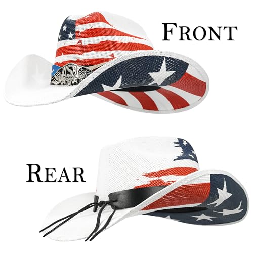 Image of Keilin Straw Cowboy Hat for Women and Men - American Flag Patriotic USA Western Hat 4th July Cowgirl Country Rodeo
