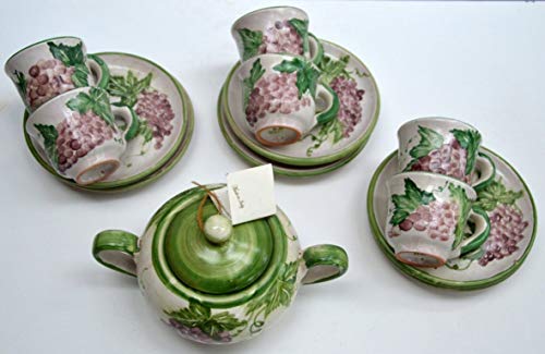  Set 6 Tazzine + 6 Piattini + Zuccheriera coordinata - Linea Uva/Bordo Verde - Handmade - Le Ceramiche del Castello - 100% Made in Italy