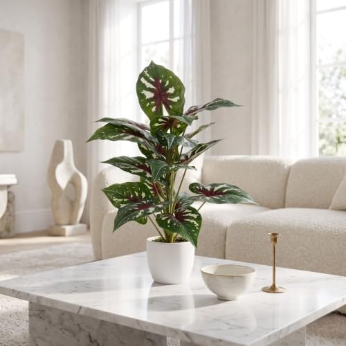 Image of Dekorly Artificial Caladium Plant Tree with White Pot 26 Inches | 66CM- Realistic Faux Leaf Plant for Home Decor, Bedroom, Living Room & Office (White Doted Caladium |Pack of One)
