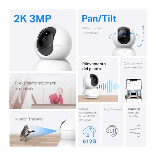 Tapo Telecamera Wi-Fi Interno 2K 3MP, Videocamera Sorveglianza, Visione Notturna, Rilevamento del Pianto del Bambino, Modalità Privacy, Storage su Cloud, MicroSD fino a 512GB, Alexa e Google, C21A - Immagine 1