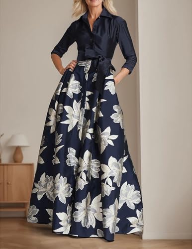 2024 A-Line Mother of The Bride Dress Elegant Shirt Collar Satin Floor Length 3/4 Length Sleeve with Sash/Ribbon2