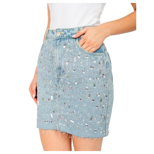 Saia Jeans Cintura Alta com Pedraria e Cristais, Lavagem Clara, Mini