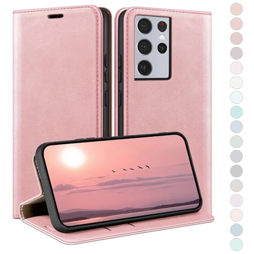 Coque Samsung Galaxy S21 Ultra portefeuille en cuir or rose avec blocage RFID