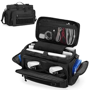 PGmoon Tragetasche Kompatible mit PS5/PS5Pro/PS4/Xbox, Taktische Tasche für PS5 Controller, Konsole Reisetasche mit verschiedenen Fächern für 15,6 Zoll Laptops, Controller, Discs (Patentiertes Design)