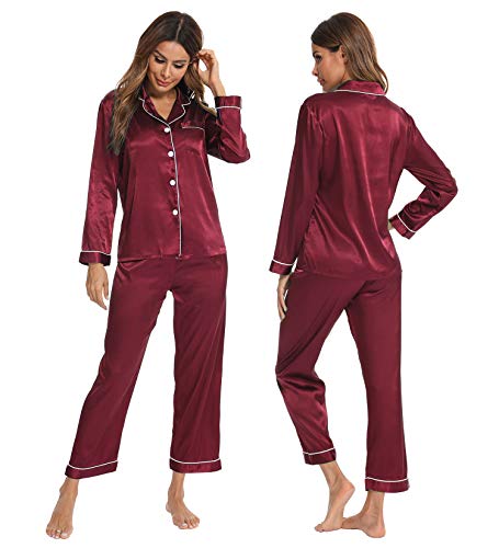 SWOMOG Womens Silk Satin Pajamas Long Sleeve Loungewear Two-Piece Sleepwear Button-Down Pj Set (Large, Wine Red)