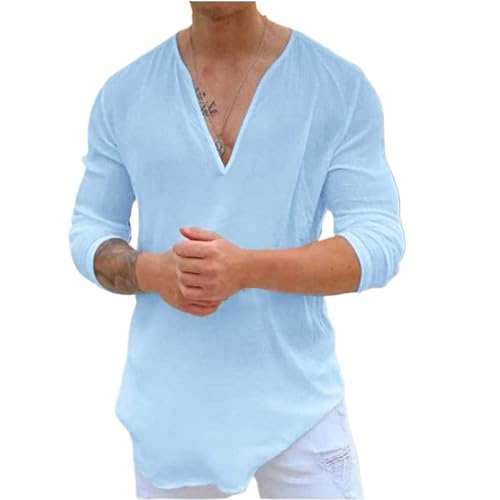 Mens Hawaiian V-Neck Shirt Casual Long Sleeve Solid Yoga Hippie Shirts Deep V Collar Basic Tees Soft Lightweight Top