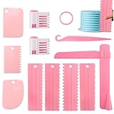 Teigschaber Kunststoff Set, 11 Stück Kuchenschaber, Tortenschaber Set DIY für Teig, Fondant, Creme, Tortenrand zum Dekorieren, Kamm und Glätten Rosa