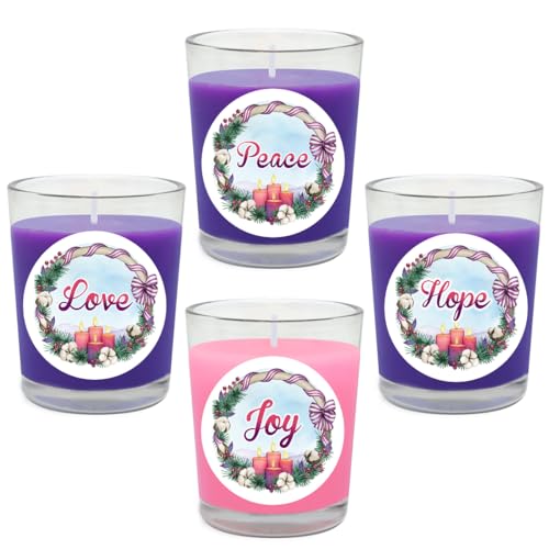 Image of Purple and Pink Christmas Advent Votive Candles in Glass, Unscented 15 Hour Soy Wax Love, Hope, Peace and Joy Candles for Christmas Wedding Table Home Spa Holidays Party, 4 Packs