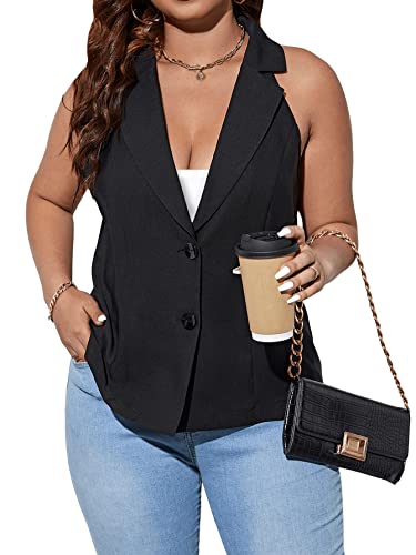 Floerns Women's Plus Size Button Down Lapel Neck Vest Sleeveless Blazer Suit Jackets4
