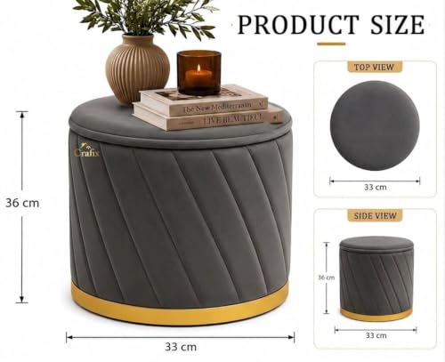 Image of Luxury Velvet Ottoman Stool for Living Room & Bedroom | Premium Round Pouffe with Gold Metal Base | Modern Footrest, Extra Seating & Home Decor (Grey)
