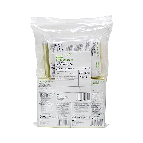 Medi-Inn+ Rettungsdecke Gold Silber | 160 x 210 cm | Notfalldecke für Erste Hilfe | Kälteschutz | Hitzeschutz (10 Stück)