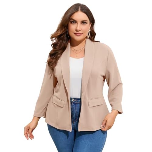 ShopWonder Women's Plus Size Casual Blazers Open Front Work Office Jackets Blazer with Pockets, 3X-Large, Apricot