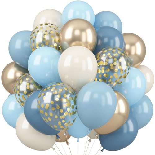 Image of HILAVO Dusty Blue Balloons 12 Inch Pastel Fog Blue Slate White Sand Metallic Gold Confetti Party Balloons Light Baby Blue White Gold Latex Balloon for Boy Baby Shower Birthday Wedding Party Decoration