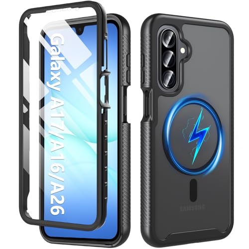 OWKEY Magnetic for Samsung A17 Phone Case with Screen Protector 360 Full Body Mil-Grade Shockproof Protection Matte Translucent Slim Rugged Protective Cover for Samsung Galaxy A17/A16/A26 Black