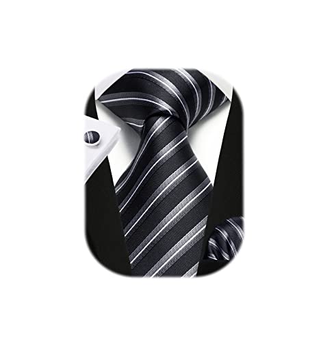 Image of Enlision Mens Ties Stripe Tie and Pocket Square Set Classic Formal Woven Neckties Handkerchief Cufflinks Wedding