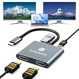 USB C to Dual HDMI Adapter 4K@60Hz, 4-in-1 HDMI Splitter for Dual Monitors, 100W PD Charging, USB A Port, Docking Station for MacBook/LenovoYoga/Thinkpad, XPS and More (macOS only Support SST Mode)