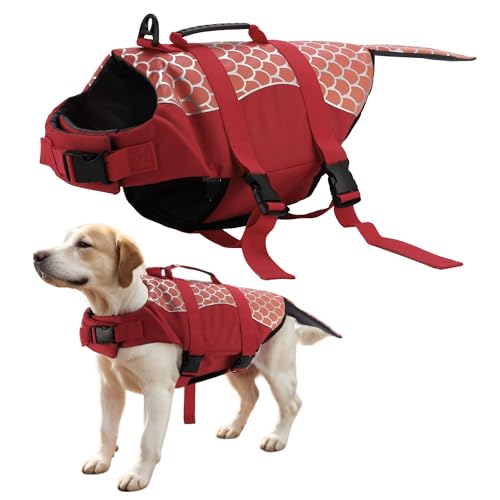 CAPASTEC Adjustable Dog Life Vest, Dog Life Vest for Swimming Boating, Dog Life Vest with Reflective Stripes Rescue Handle and Buckle, L, Red