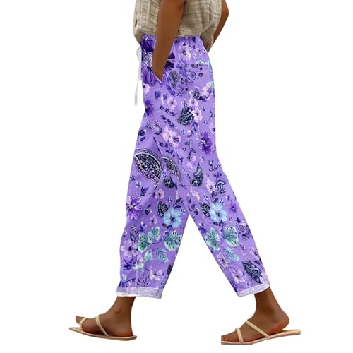 Pantalones cortos de lino 3/4 para mujer, pantalones de lino estampados para mujer, pantalones casuales pequeños con estampado floral, pantalones de cintura elástica para verano, pantalones ligeros de