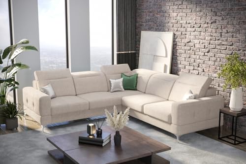 Friderik Sofá esquinero Malibu Max 250 x 250 cm con función de dormir, tejido Gemma, reposacabezas y reposabrazos ajustables (crema, derecha)