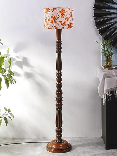 Image of Cotton Shade Floor Lamp with Wooden Base - Height 56 Inches, Orange Floral | Modern Standing Lamp for Living Room, Bedroom, Office | Stylish & Decorative Home Lighting | Elegant Decor