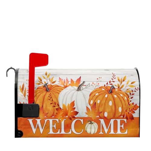 Image of Welcome Autumn Orange Pumpkin Mailbox Cover - Magnetic Fallen Leaves Standard Size 18 X 21 - Fall Holiday Wrap Post Letter Box Decorative for Home Outdoor Garden