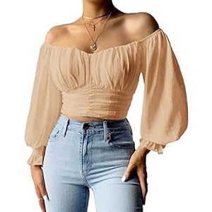 MIRACMODA-Womens-Elegant-Off-The-Shoulder-Puff-Sleeve-Blouse-Summer-Chiffon-Slim-Fit-Party-Crop-Top MIRACMODA Womens Elegant Off The Shoulder Puff Sleeve Blouse Summer Chiffon Slim Fit Party Crop Top Apricot