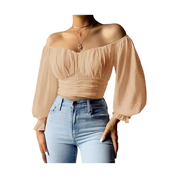 MIRACMODA-Womens-Elegant-Off-The-Shoulder-Puff-Sleeve-Blouse-Summer-Chiffon-Slim-Fit-Party-Crop-Top MIRACMODA Womens Elegant Off The Shoulder Puff Sleeve Blouse Summer Chiffon Slim Fit Party Crop Top Apricot