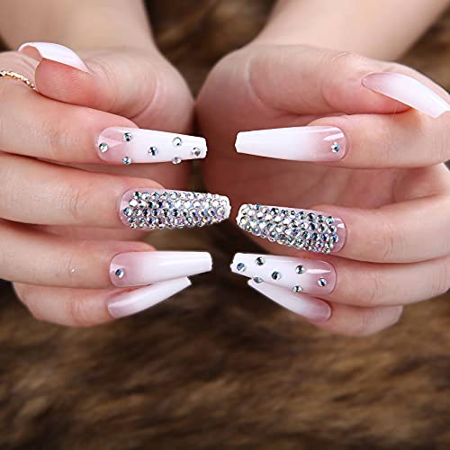 24 Pcs Press on Nails Coffin, Luvehandicraft Long Glossy Fake Nails Coffin, False Nails with Glue for Women and Girls (Pink White with Crystal)