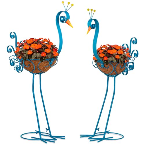 Velibobo Lot de 2 pots de fleurs en métal bleu paon avec panier pour intérieur et extérieur, pelouse, patio