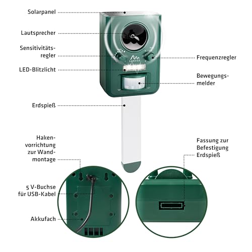 GARDIGO® Tiervertreiber Ultraschall Solar | Katzenschreck und Marderabwehr mit Blitzlicht | Multifrequenz Gerät, 5 Modi, Gesamtfläche ca. 75m² (ca. 9 m, 110°) | Inklusive Batterien & USB-Ladekabel