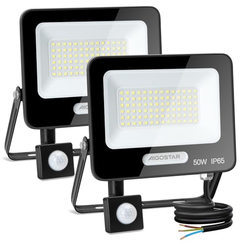 Aigostar- 50W Foco LED con Sensor Movimiento, Super Brillo Focos Exterior, 4600LM, Blanco Frío 6500K, IP65 Impermeable, Proyector LED Exterior, Perfectas para Jardín, Garaje, Patio, Paquete de 2