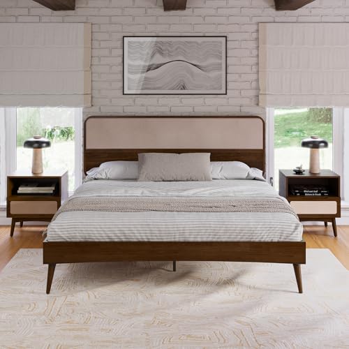 Image of Bme Solid Wood Calista King Bed Frame - Chestnut Finish Platform Bed with Upholstered Headboard, Mid-Century Modern Style with Sturdy Slats & Tapered Legs, No Box Spring Needed