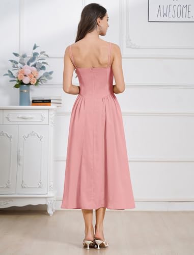 Image of ABEHIK Casual Dresses for Women Boho Spaghetti Strap Corset Midi Dress with Pockets Low Cut Flowy Pleated Bustier Sundress
