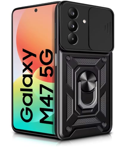 Image of WOW IMAGINE Tough Armor Bumper Mobile Back Case for Samsung Galaxy M47 5G | Sliding Camera Cover | Shock Proof 360 Protection | Hybrid PC + TPU | Ring Holder with Kickstand - Black