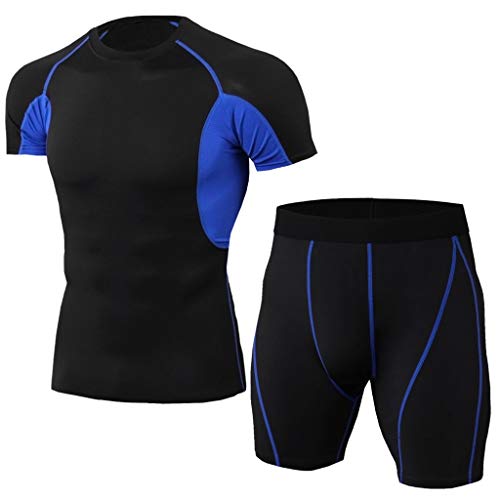 Men's Sports Compression Fast Drying Elastic Fitness T-Shirt Tops+Short Pants Sports Tight Suit Beautyfine Blue Men's Sports Compression Fast Drying Elastic Fitness T-Shirt Tops+Short Pants Sports Tight Suit Beautyfine Blue