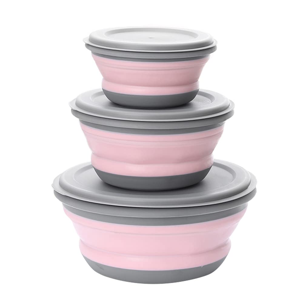 Collapsible Bowl Sets, 3 Pcs Portable Food Storage Outdoor Tableware, Silicone Folding Lunch Box Salad Bowl with Lid for Outdoor Camping Hiking